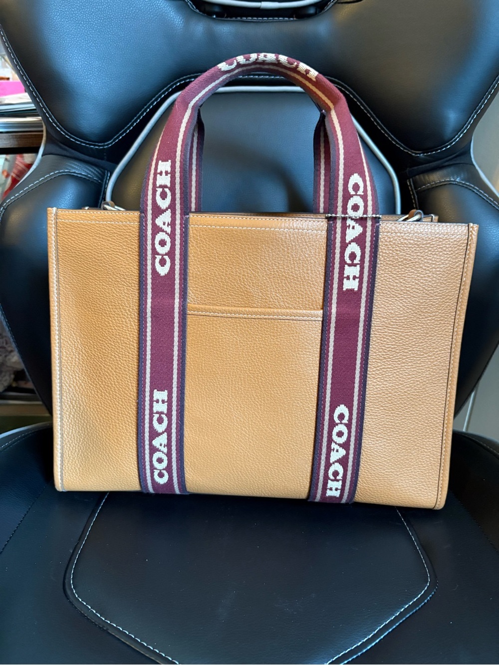Coach Tan Pebbled Leather Tote with Burgundy Logo Webbing Handles